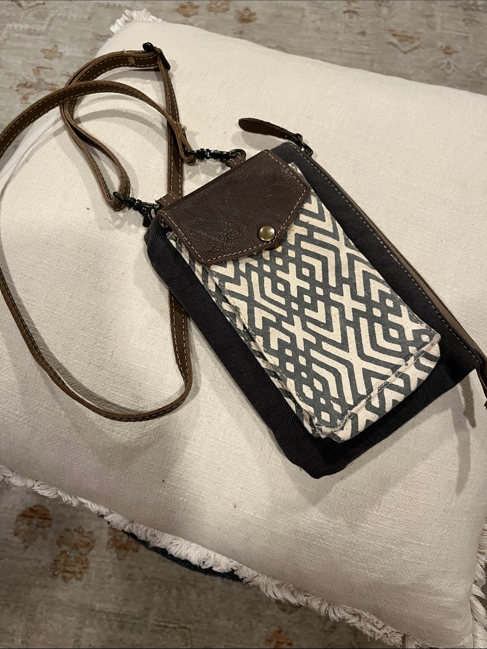 Myra Bag brown and cream patterned crossbody pouch